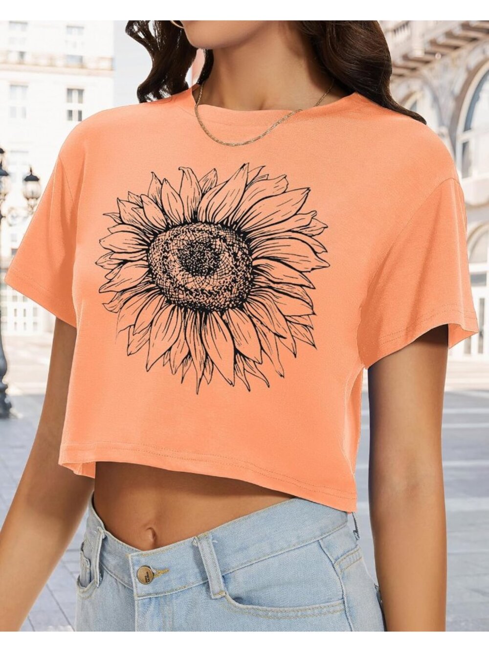 Women Orange Sunflower Short Sleeve Round Neck Loose Fit Casual Summer Crop Tops - Picture 6 of 6